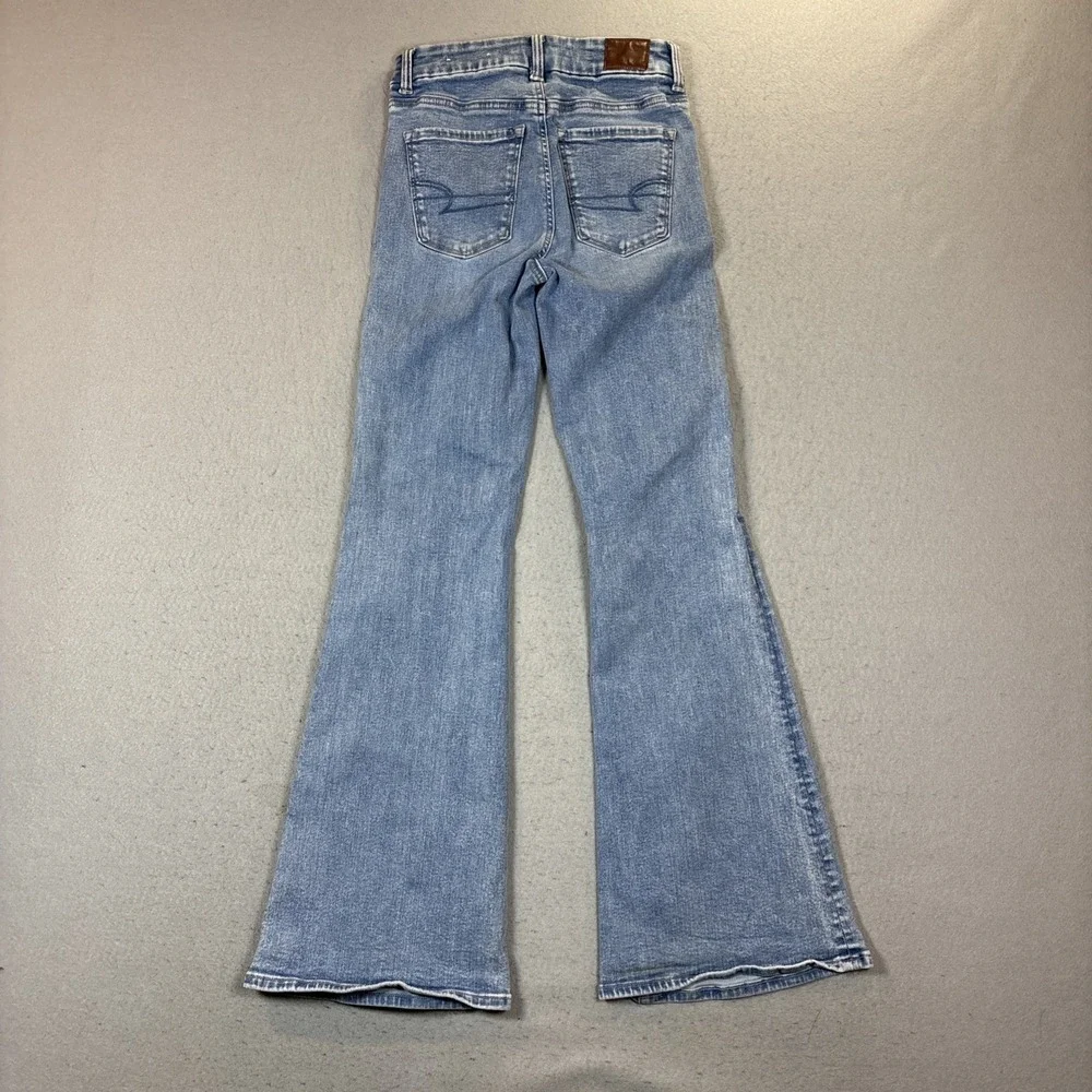 American‎ Eagle Super Hi-Rise Flare Jeans Women 0 Blue Light Wash Stretch Denim